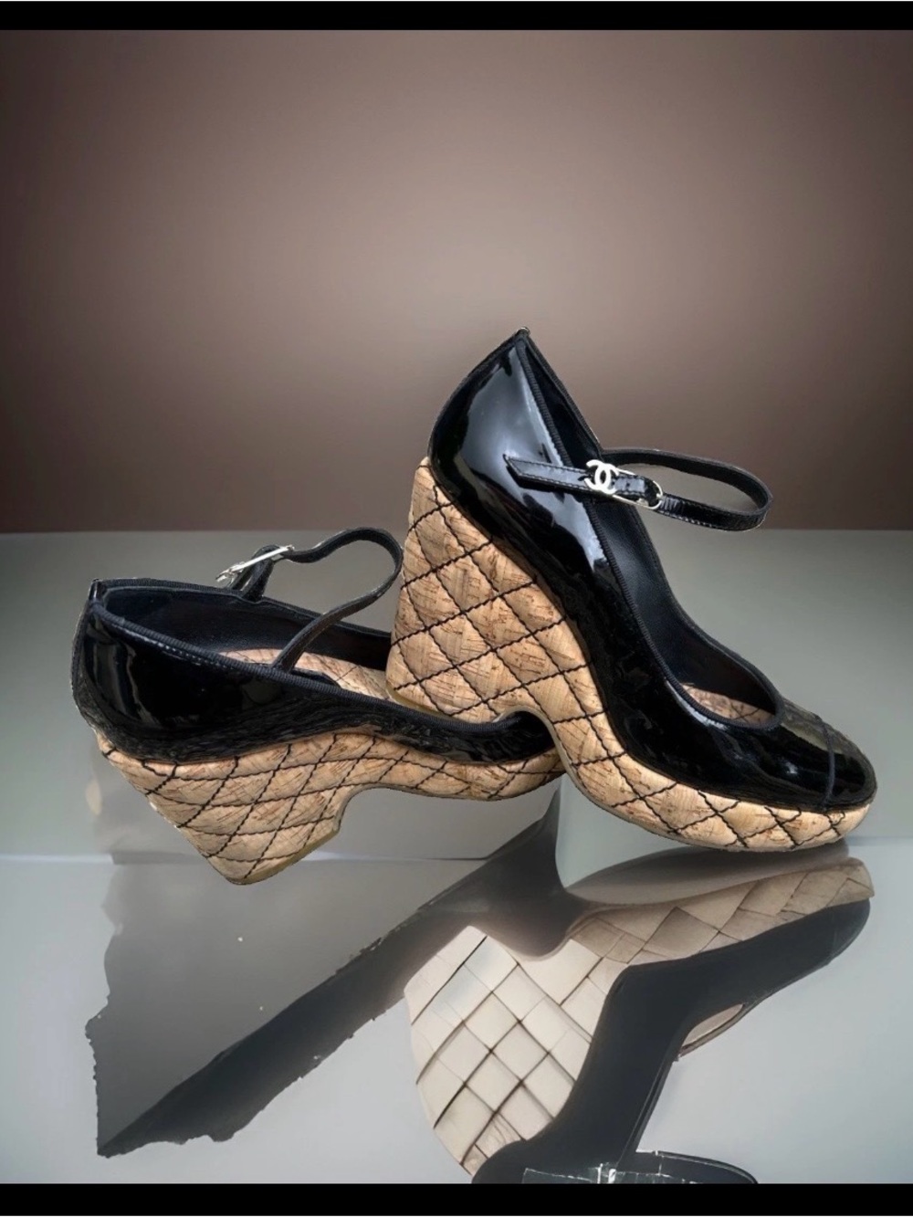 Chanel black patent leather Mary Jane wedge quilted cork heels Size 7